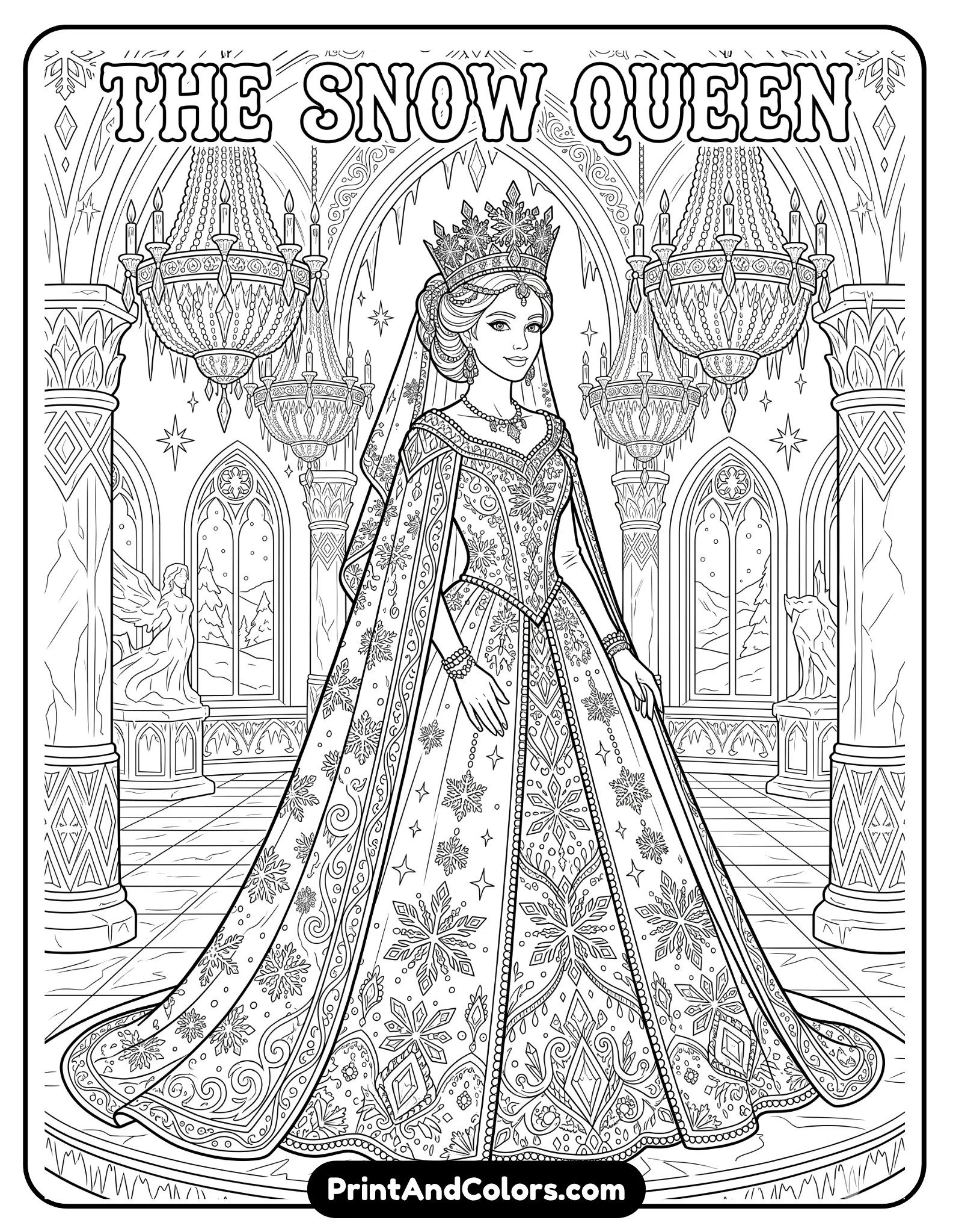 Black and white line art coloring page of Elsa wearing a sparkling royal gown covered in detailed snowflake and crystal patterns, flowing cape, elegant pose, icy chandelier background, printable fantasy coloring page with intricate dress details and clean outlines