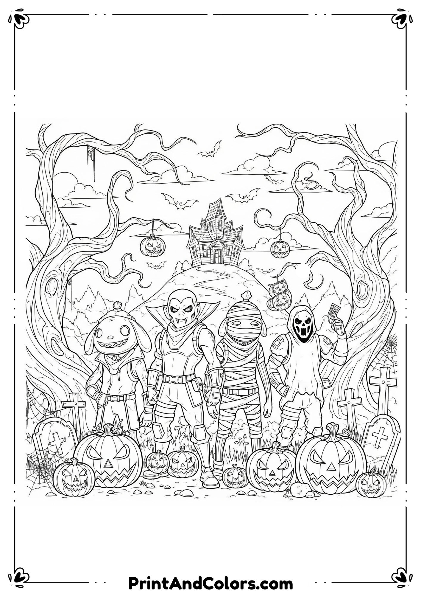 ntricate line art of Fortnite characters in Halloween costumes surrounded by pumpkins, bats, and haunted scenery.