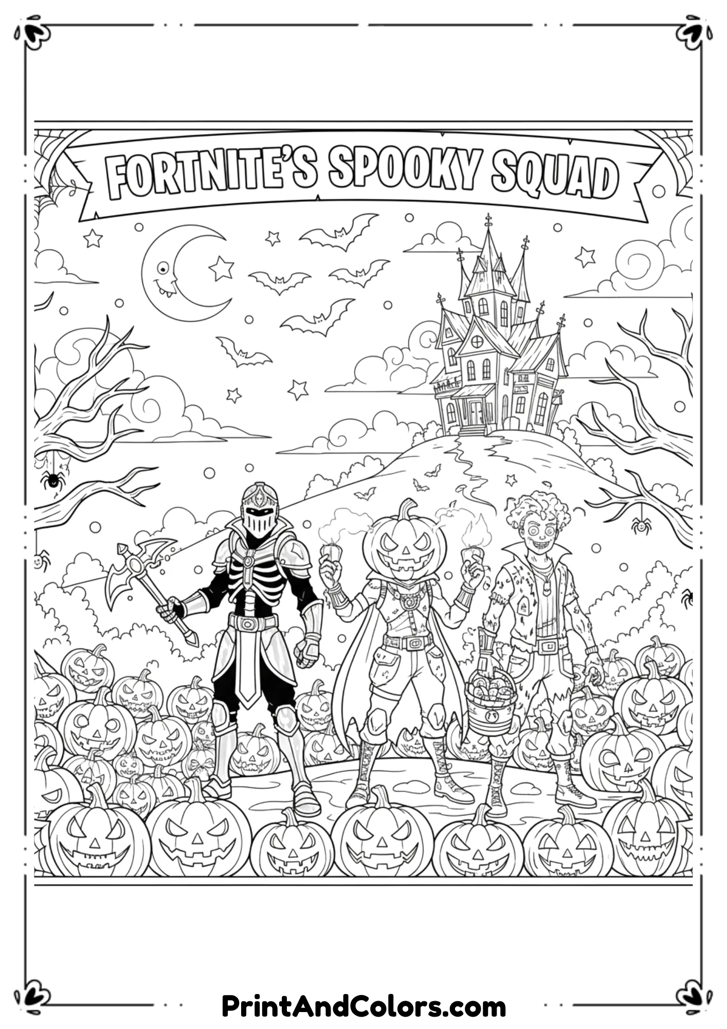  Intricate line art of Fortnite characters in Halloween costumes surrounded by pumpkins, bats, and haunted scenery.
