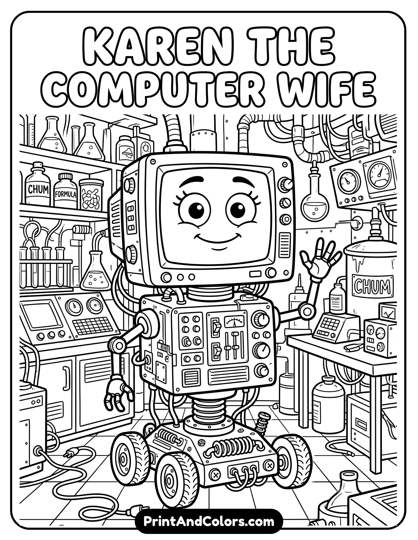 Detailed black and white line art coloring page of Karen the computer wife of Plankton, computer monitor face with expressive eyes, Chum Bucket laboratory background, buttons and technology details, printable cartoon coloring design