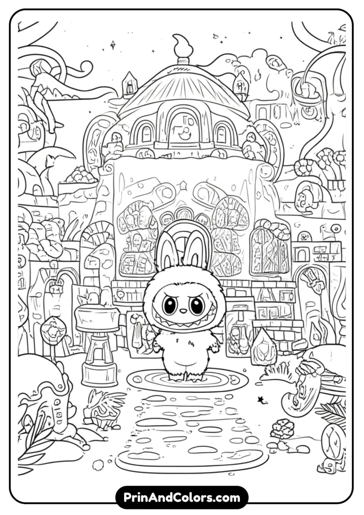Highly detailed line art of Labubu elves working together, intricate design for adults.