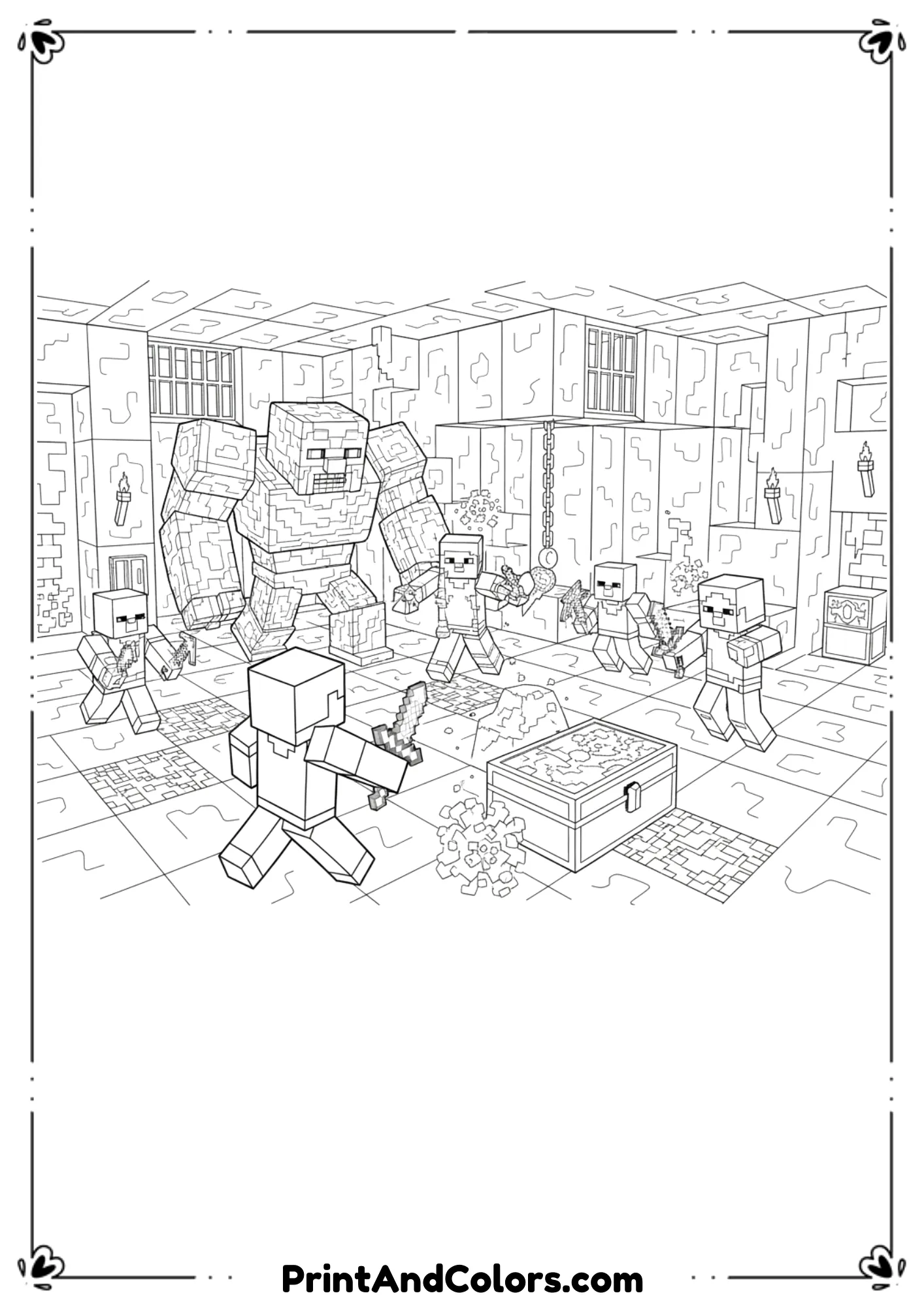  Black and white line art inspired by Minecraft Dungeons with heroes, enemies, dungeon elements, more detailed outlines, no shading, printable coloring page for older kids.
