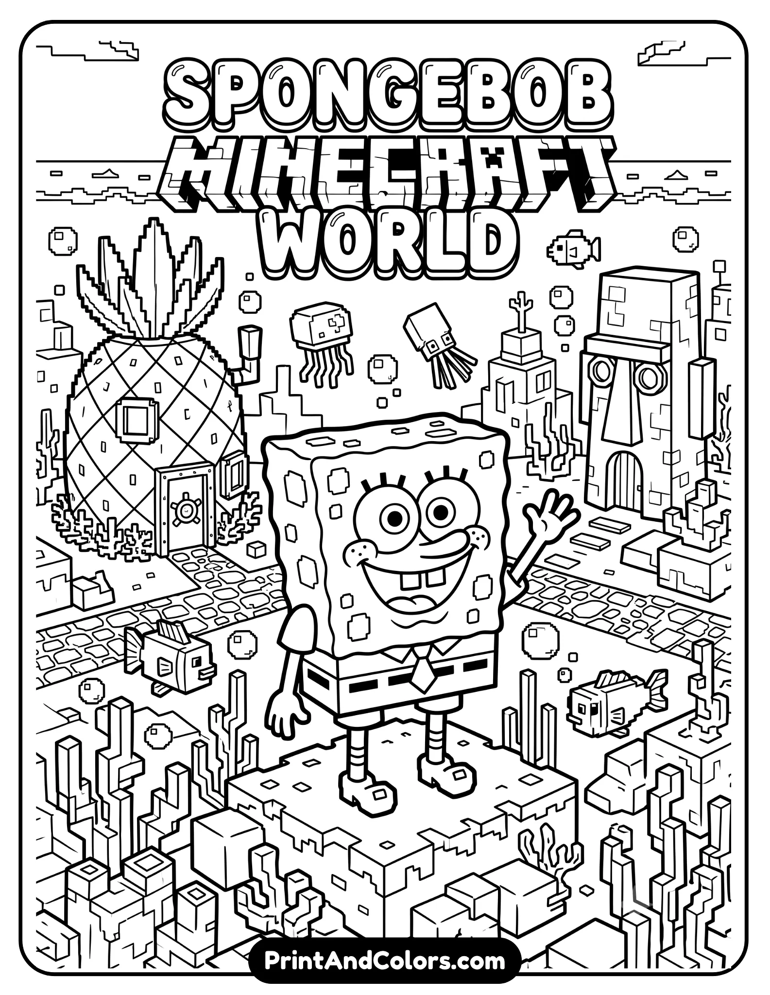 Black and white coloring page combining SpongeBob with Minecraft-inspired blocky style, pixel-style underwater environment, square shapes and cubes, cartoon printable line art with detailed geometric outlines for coloring