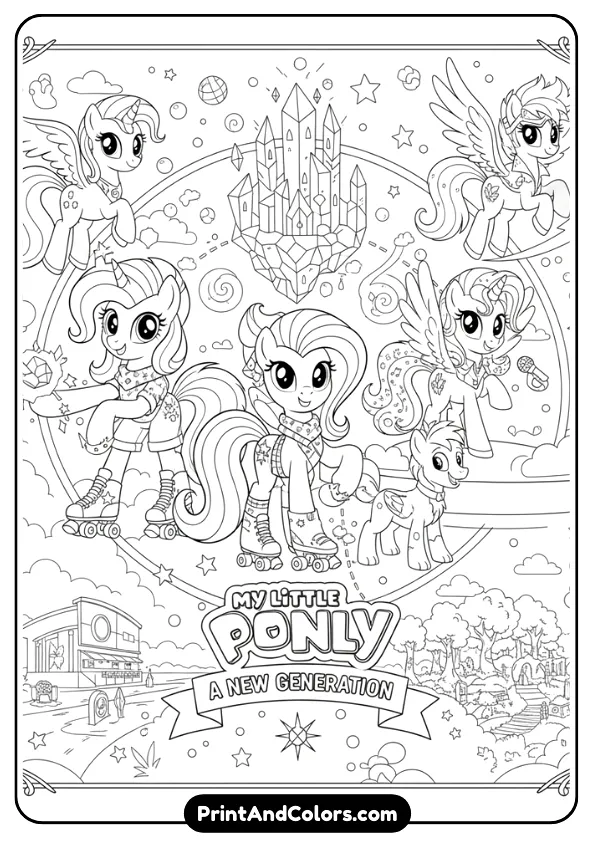 Illustrate a detailed black and white coloring page inspired by My Little Pony A New Generation, featuring modern character designs and magical elements. Clean outlines, no shading.