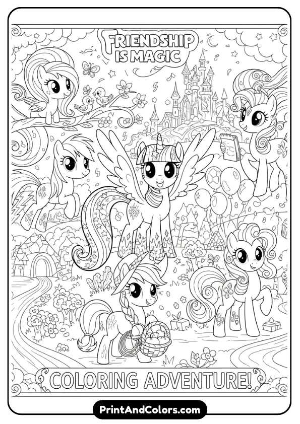 Create a detailed black and white line art coloring sheet featuring multiple Friendship Is Magic characters together. Intricate hair, accessories, and background elements, clean outlines, no shading.