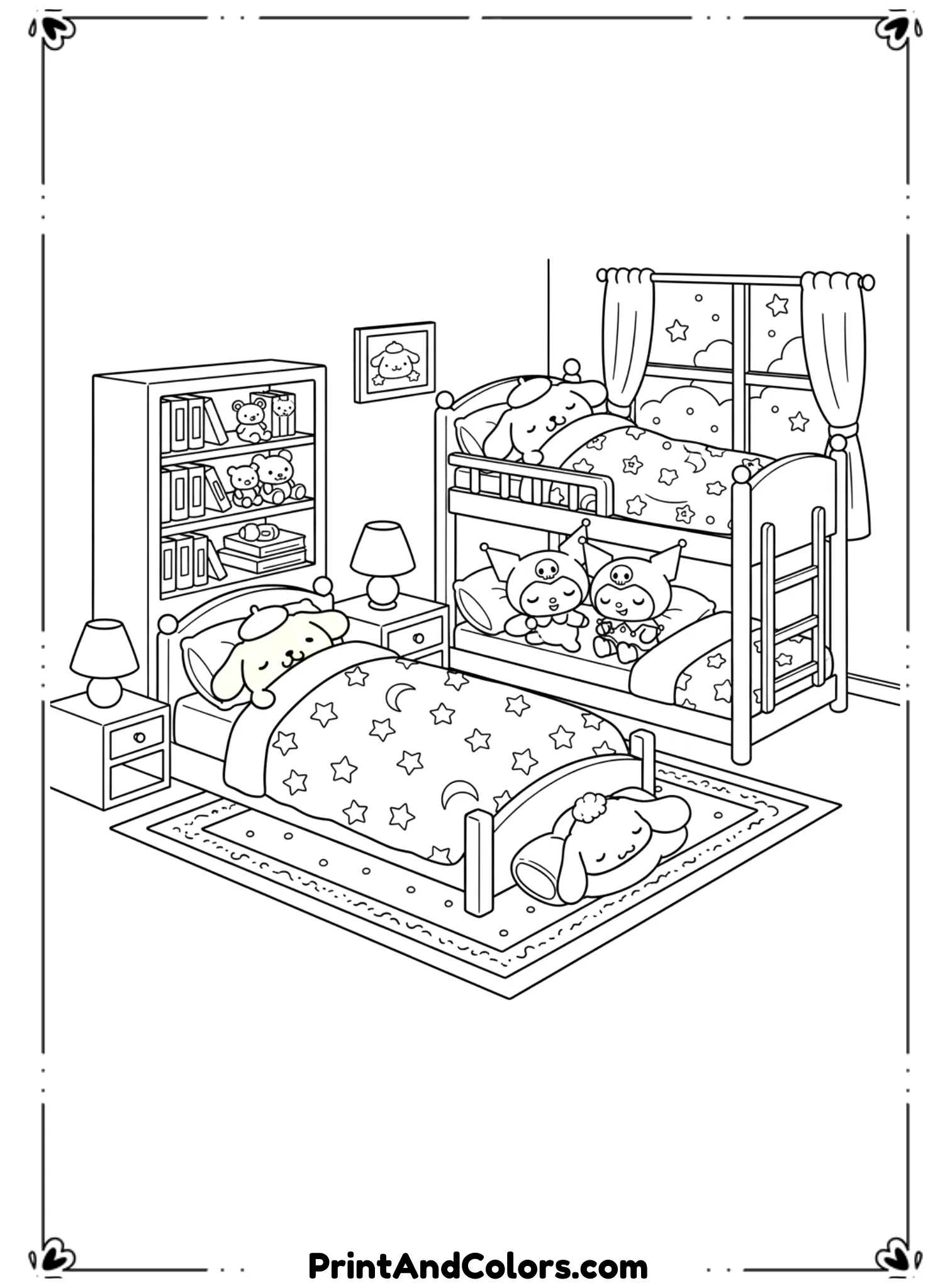 Create a cozy bedroom scene with PomPompurin and friends sleeping on beds or cushions. Include simple bedroom items like pillows and lamps. Use clean black line art with slightly more details, but no shading, ensuring it remains color-friendly.
