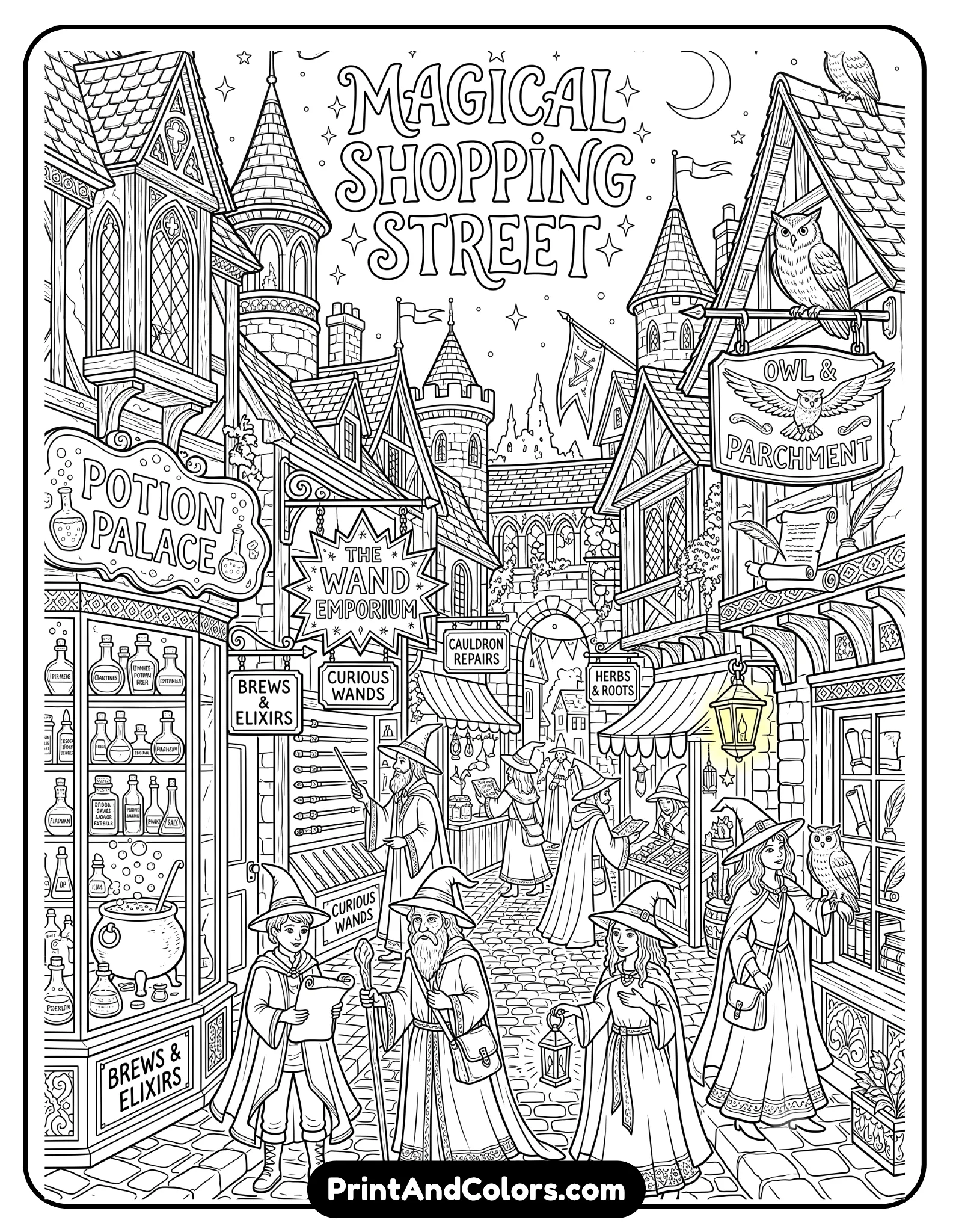 Extremely detailed black and white fantasy street scene coloring page featuring magical shops, potion stores, wand displays, owls, lanterns, cobblestone roads, and wizard shoppers. Include hanging signs, fantasy architecture, and intricate decorative shop windows. Printable adult coloring book line art style