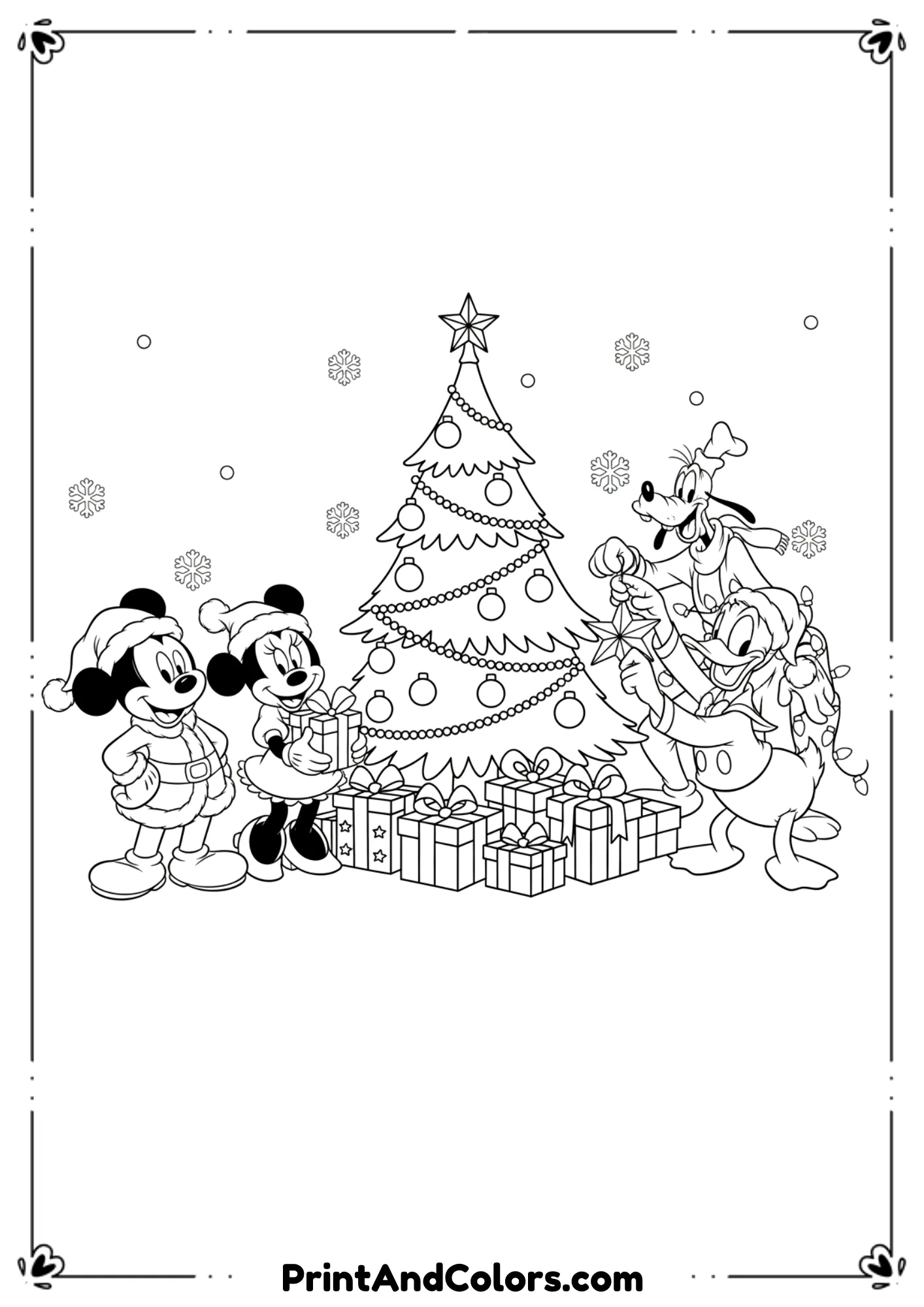 Outline drawing of Disney characters like Mickey, Minnie, and Donald Duck celebrating Christmas around a tree.
