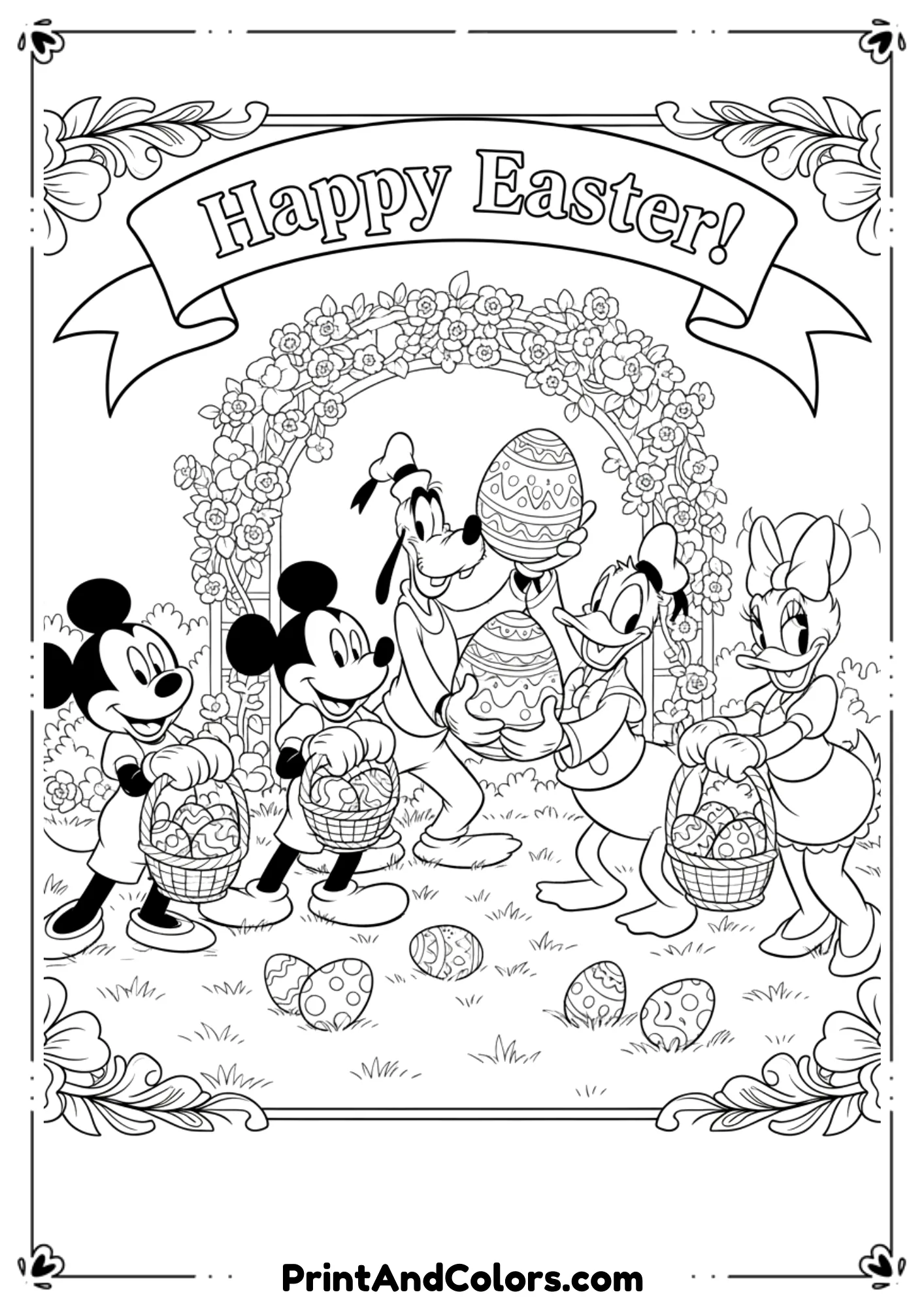 Line art of Disney characters celebrating Easter with eggs and baskets.