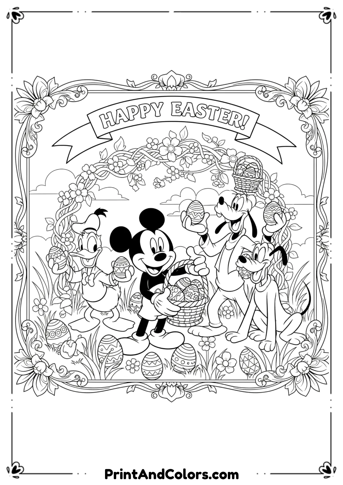 Black and white Disney-style Easter scene with Mickey Mouse and friends holding Easter baskets and eggs.
