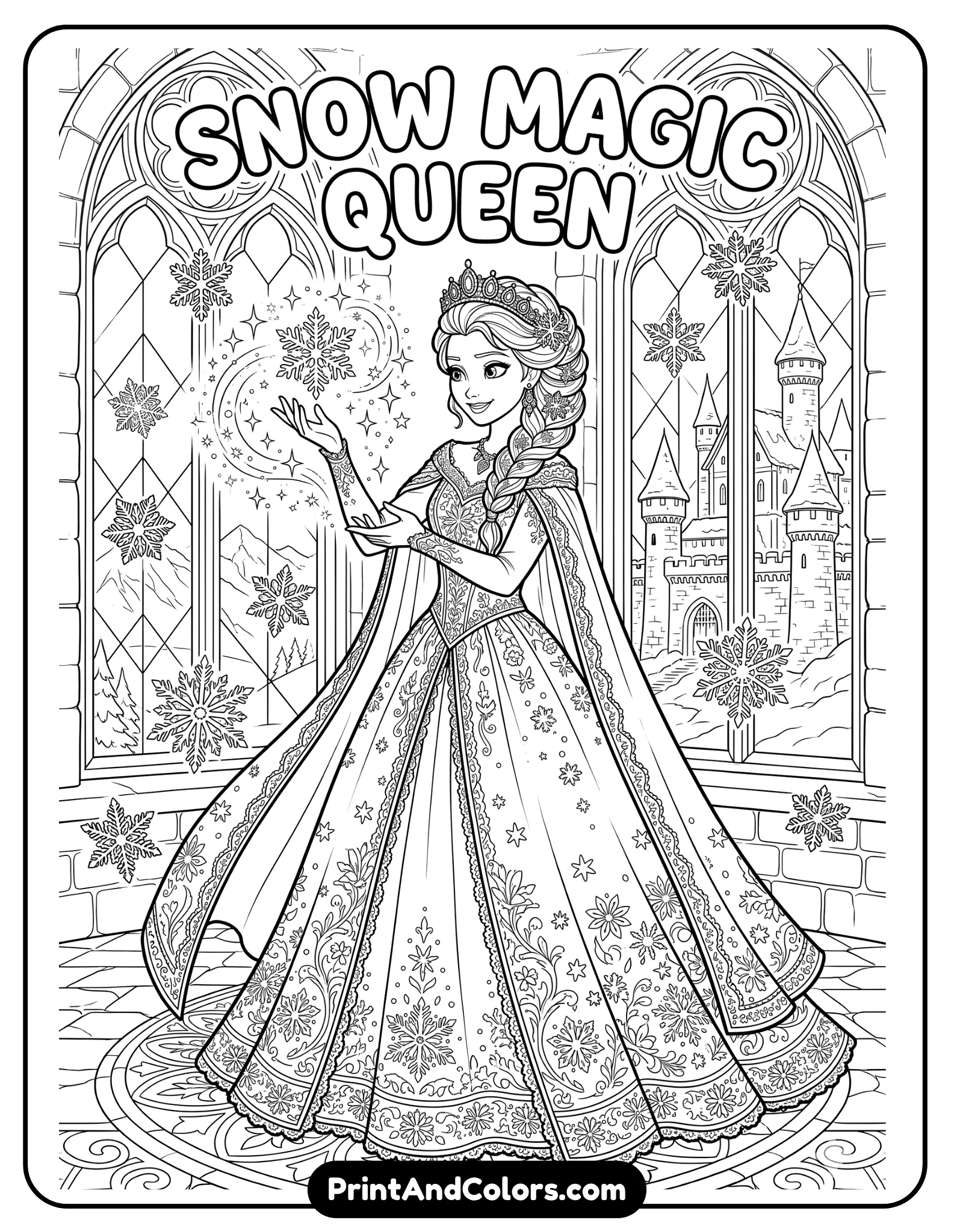 Detailed black and white coloring page inspired by Disney-style Elsa, smiling softly while creating sparkling snow magic with her hands, wearing a royal gown and cape, intricate braid hairstyle, snowflakes floating around her, castle windows in the background, clean crisp outlines for coloring, no grayscale, family-friendly printable page