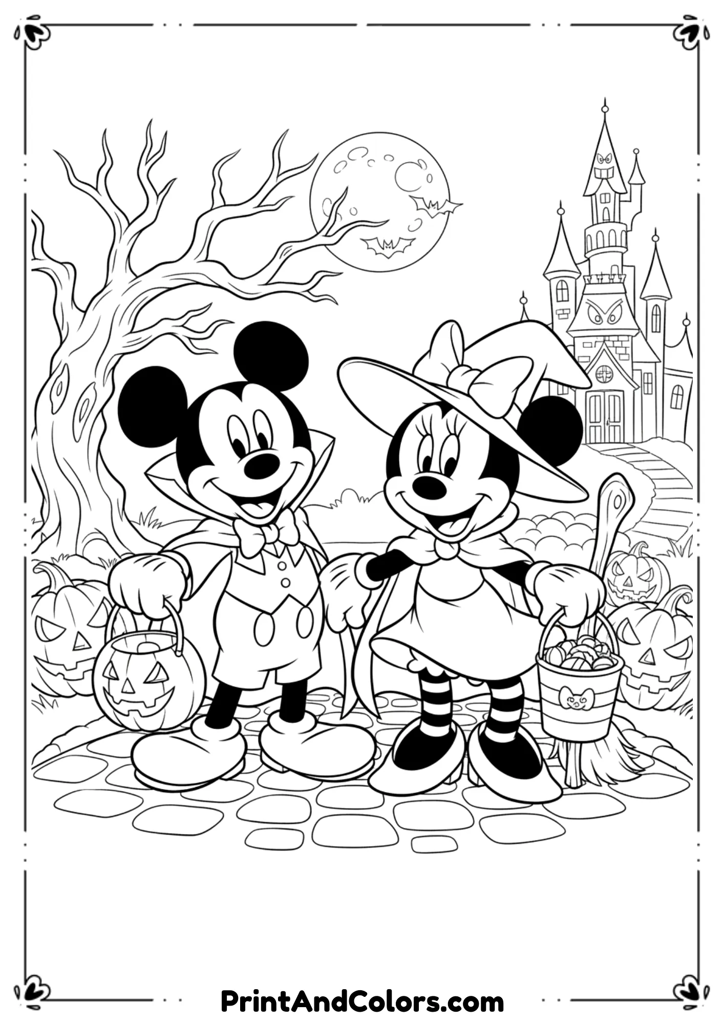  Disney characters in Halloween costumes, such as Mickey dressed as a vampire and Minnie as a witch, outlined in black and white line art.
