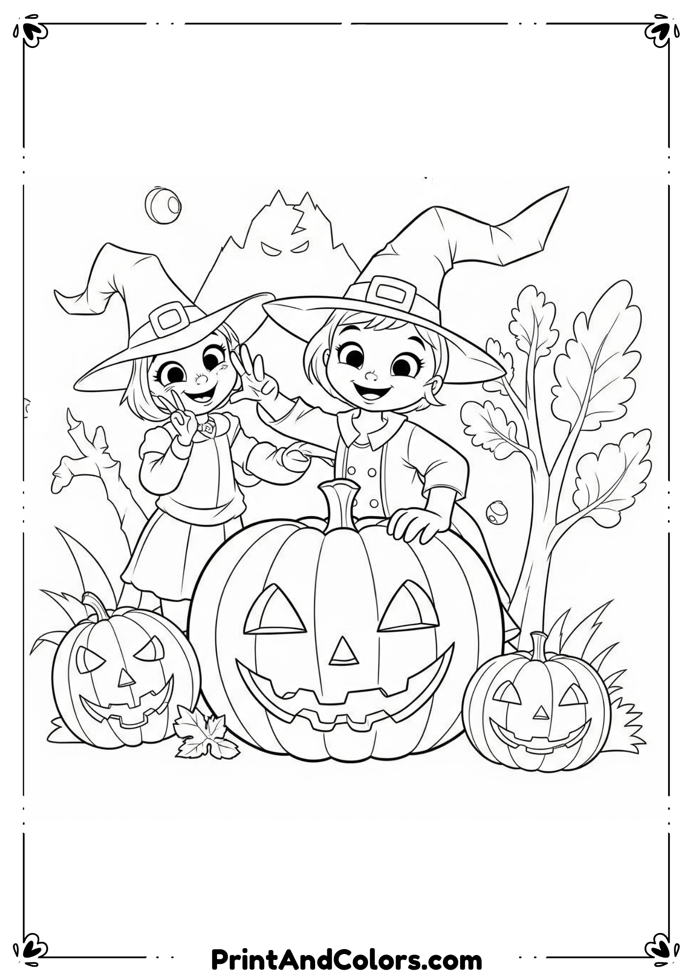 Disney characters in Halloween costumes, such as Mickey dressed as a vampire and Minnie as a witch, outlined in black and white line art.