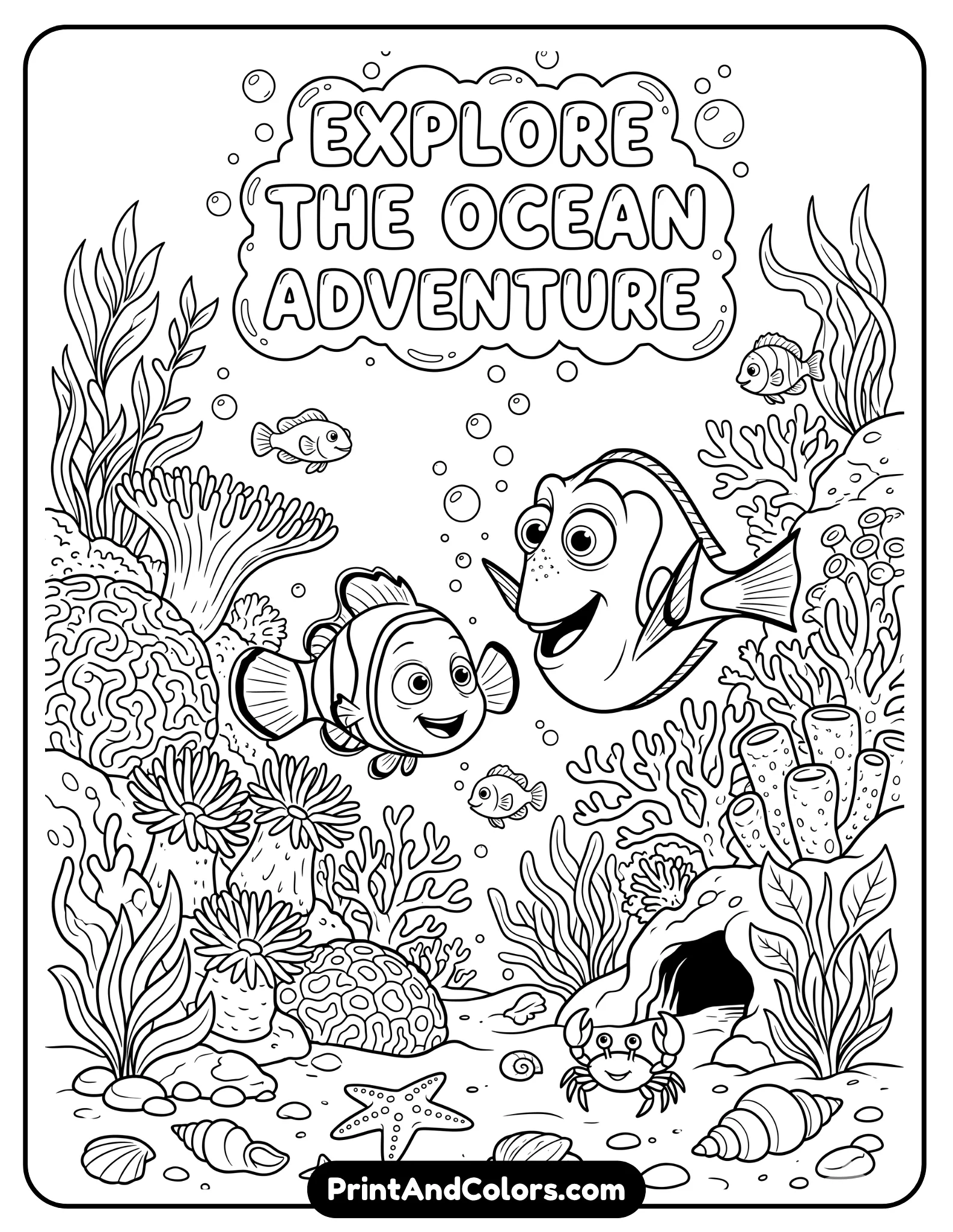 black and white line drawing inspired by a Pixar-style underwater world with expressive cartoon fish characters, including a small clownfish and a blue tang fish, surrounded by coral reefs, shells, and ocean plants. Smooth clean outlines, no grayscale, coloring-friendly design.