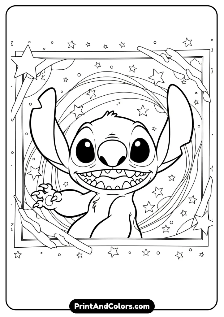 A framed Disney-style Stitch poster layout with bold outlines, stars, and the official Disney font as title text