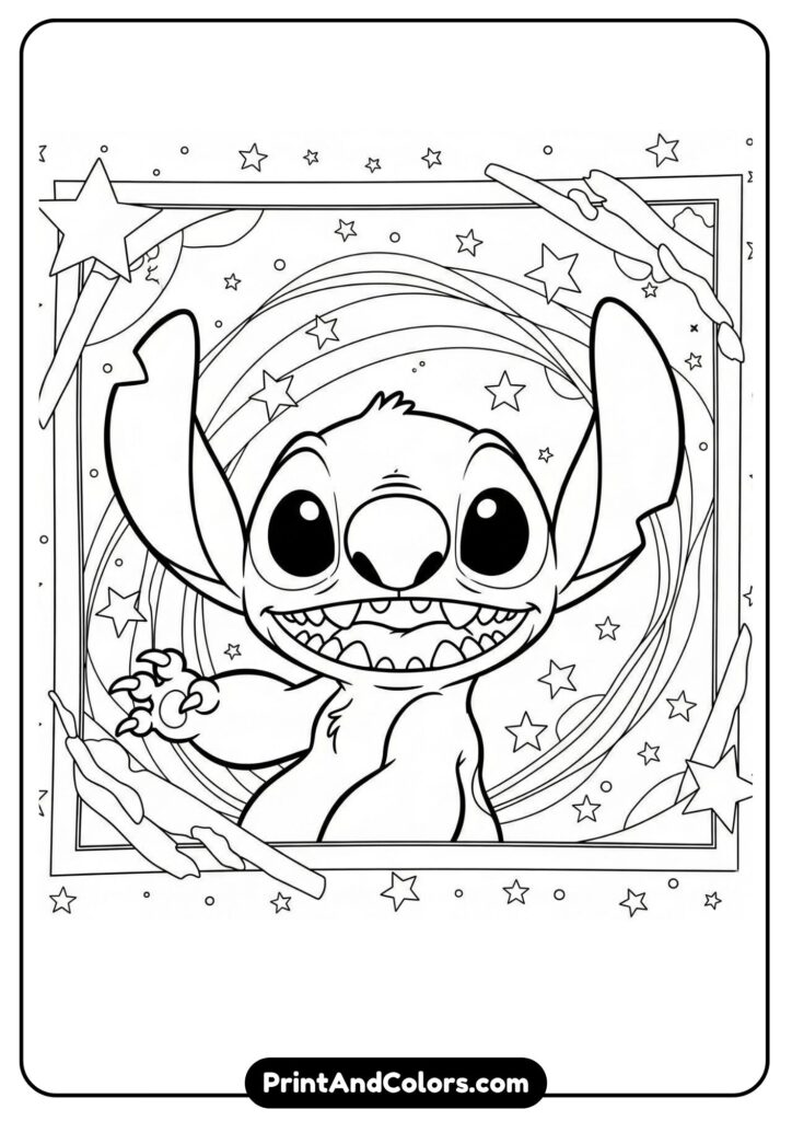 A framed Disney-style Stitch poster layout with bold outlines, stars, and the official Disney font as title text