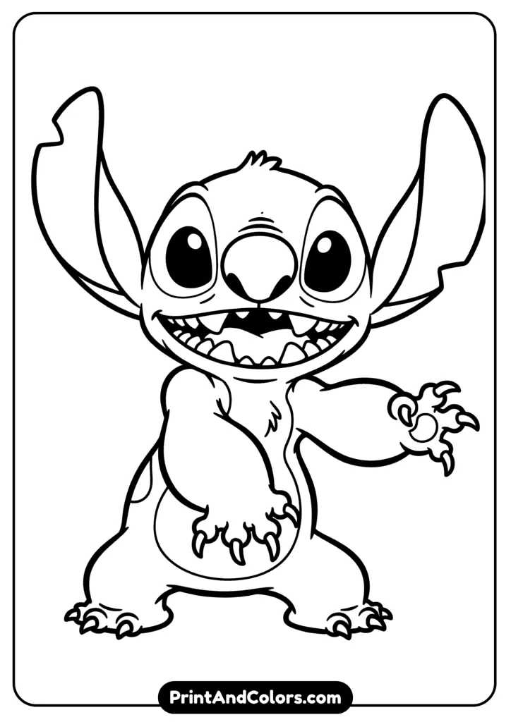 Classic Disney-style Stitch in full-body cartoon design with a cheerful pose