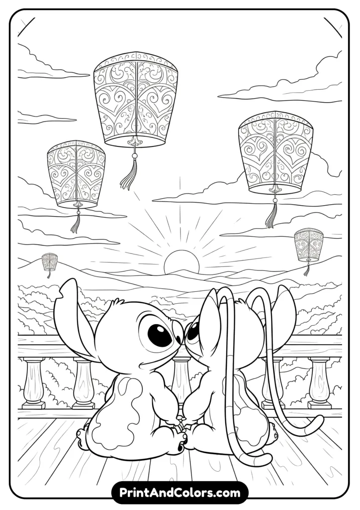 Romantic Disney-style drawing of Stitch and Angel sitting on a balcony overlooking the night sky with lanterns floating above