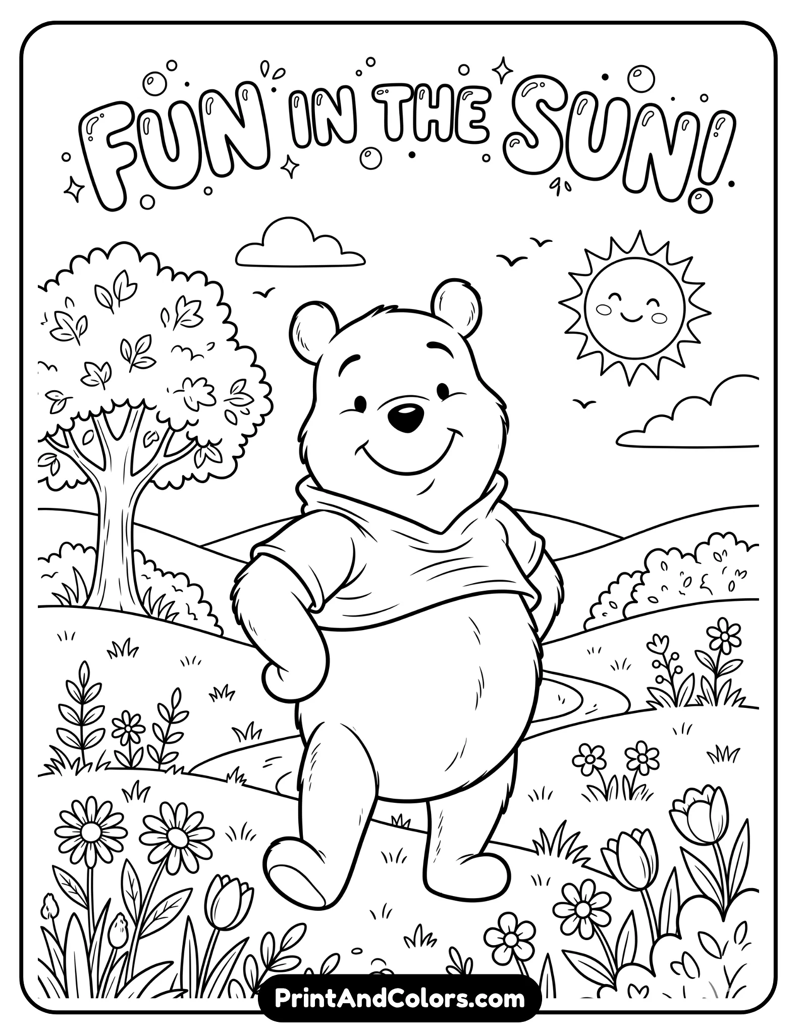 cartoon pose of Winnie the Pooh standing with hands behind his back and smiling confidently, simple background with grass and flowers, clean black line art, balanced composition, traditional coloring book style