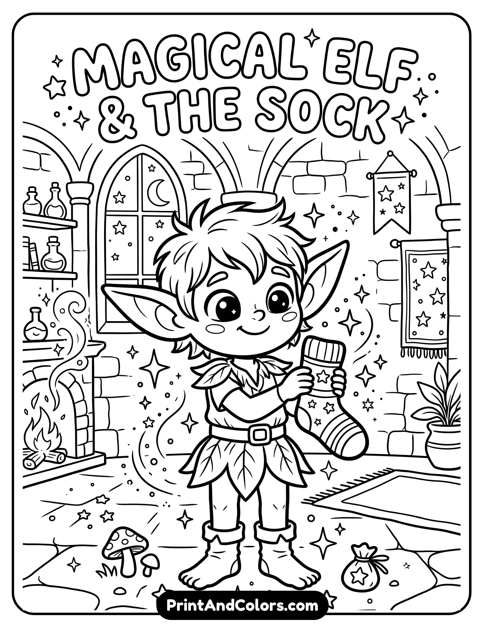 Cute black and white line art coloring page of a small magical elf with oversized ears and large expressive eyes holding a sock happily. Include magical sparkles, simple castle interior background, stars, and decorative fantasy elements. Bold outlines suitable for kids, printable coloring page style, white background, clean ink illustration