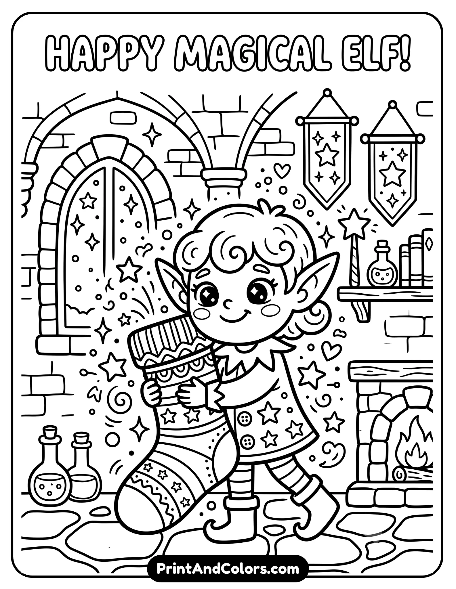 Cute black and white coloring page of a happy magical elf hugging a sock with oversized ears and expressive eyes. Include stars, magical sparkles, simple castle interior details, and playful fantasy decorations. Bold printable outlines suitable for kids