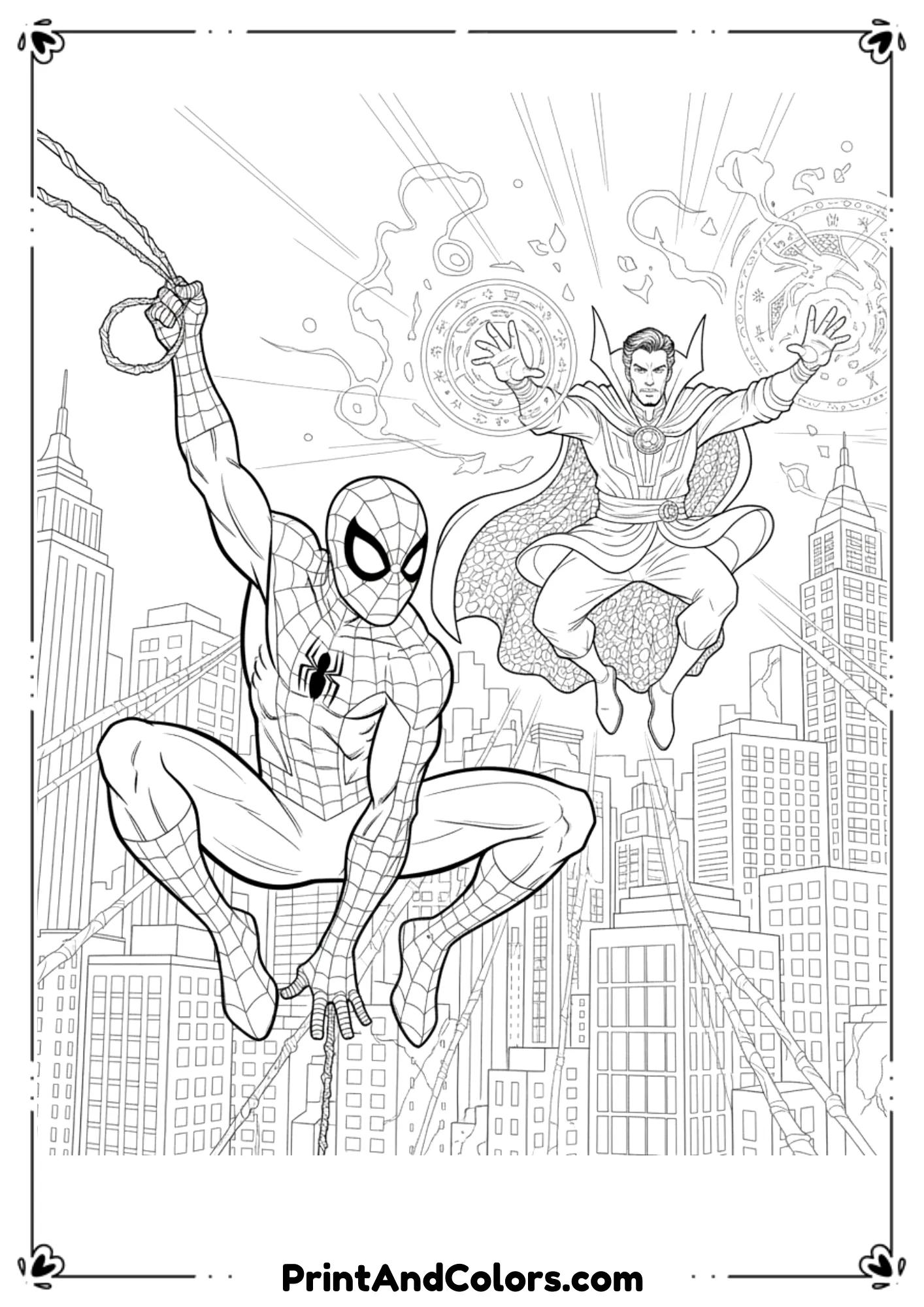 Outline art of Spider-Man swinging with Doctor Strange casting a spell, magical details in the background.
