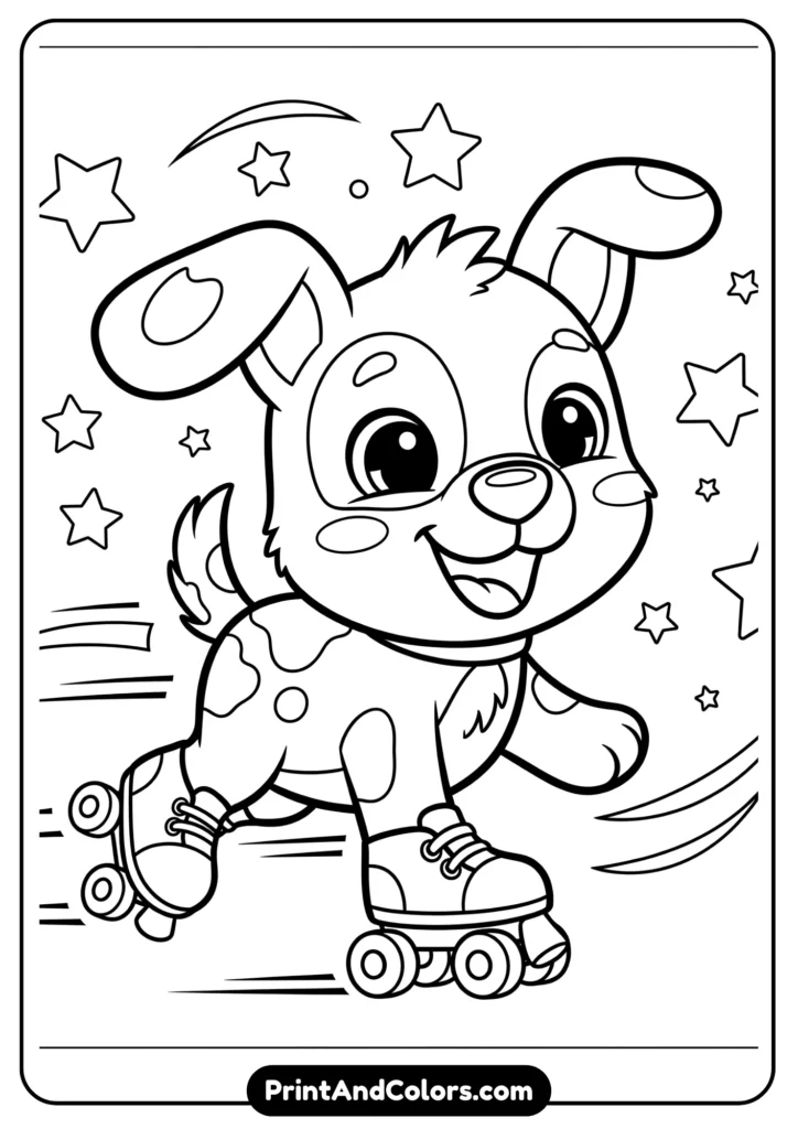 Black and white kawaii dog wearing roller skates, smiling face, surrounded by stars and motion lines