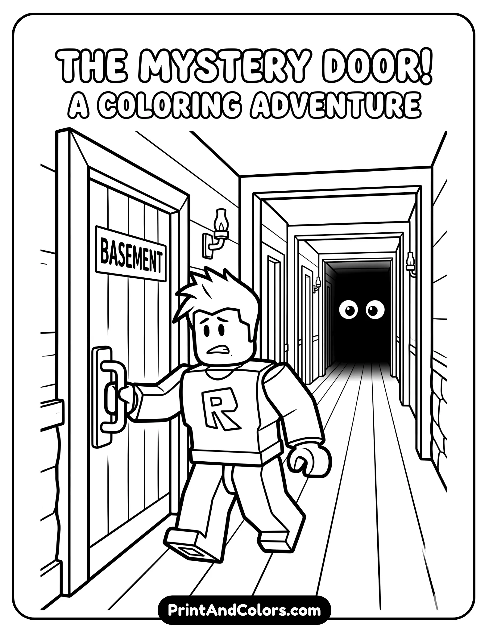 Roblox character cautiously opening a door in a dark hallway, large eyes peeking from shadows, long corridor with simple door frames, spooky but kid-safe, bold outlines, no shading, wide spaces for coloring