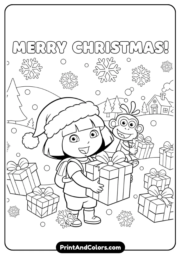 Dora the Explorer with Boots the Monkey dressed in Santa hats. Add gifts, snowflakes, and child-friendly background