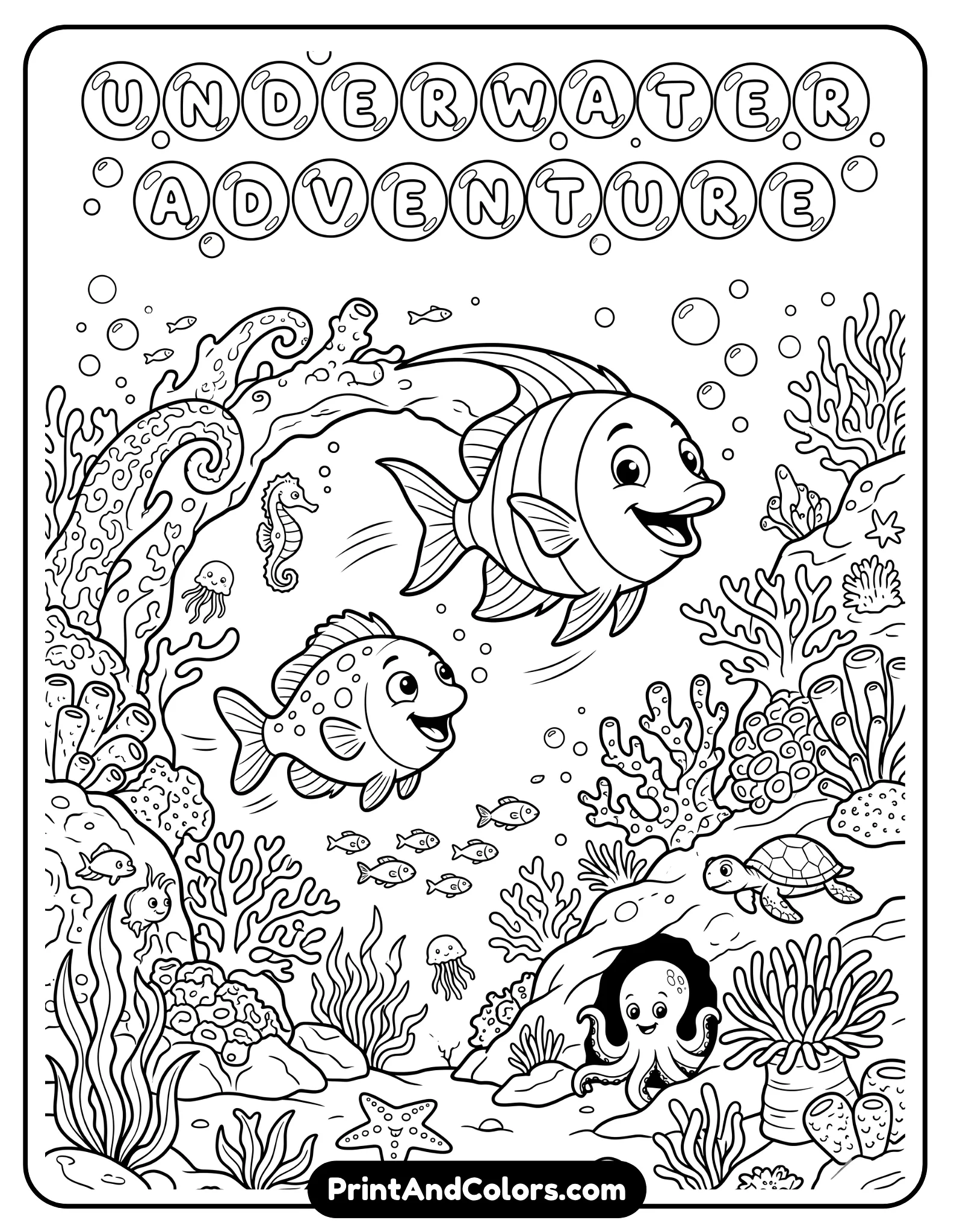 Detailed line art of two cartoon fish on an underwater adventure, swimming through coral arches, bubbles, and small sea creatures. Clean outlines, dynamic movement, printable coloring style