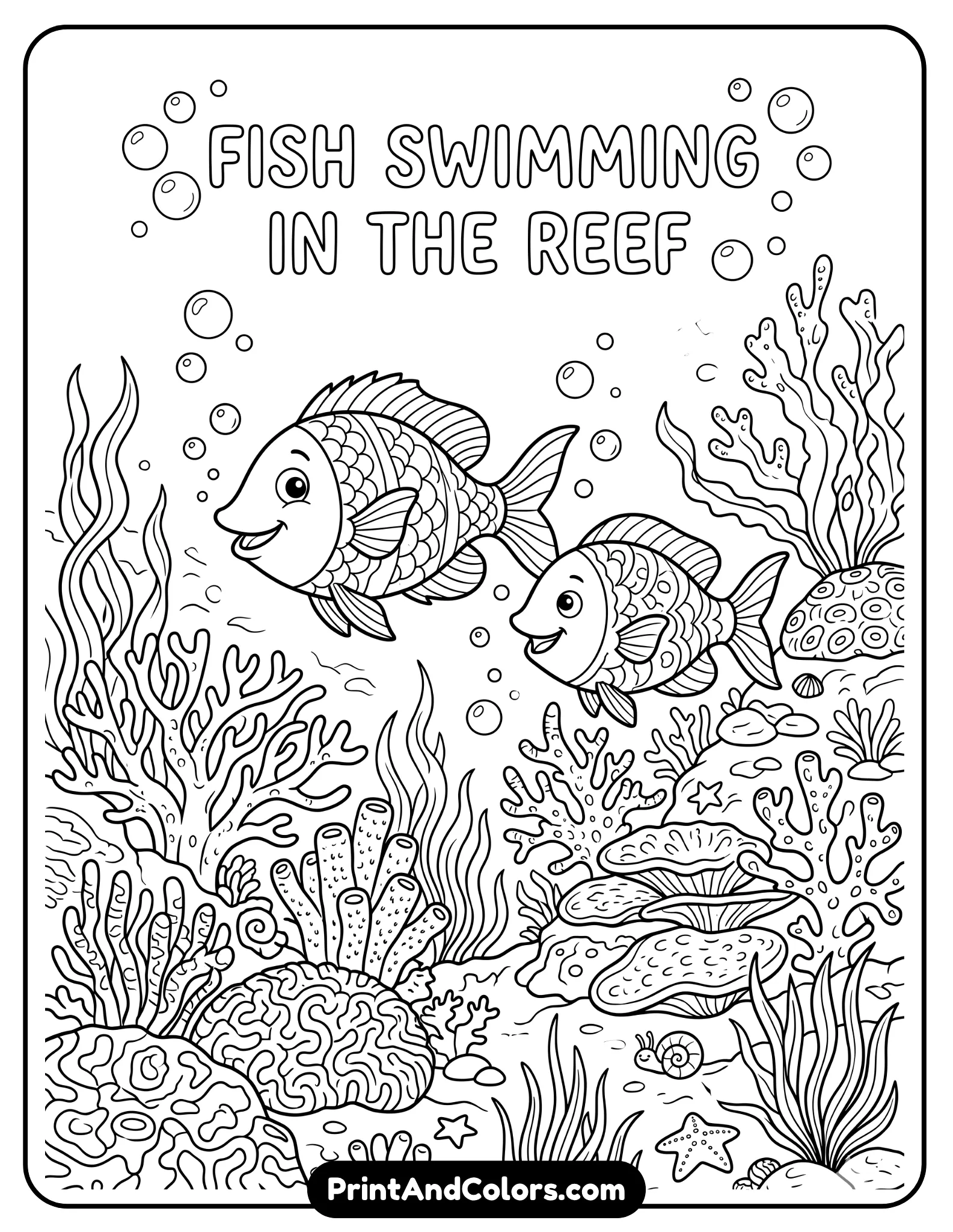 Black and white line art of two fish swimming through coral reef with sea plants and bubbles, friendly expressions, simple yet engaging background