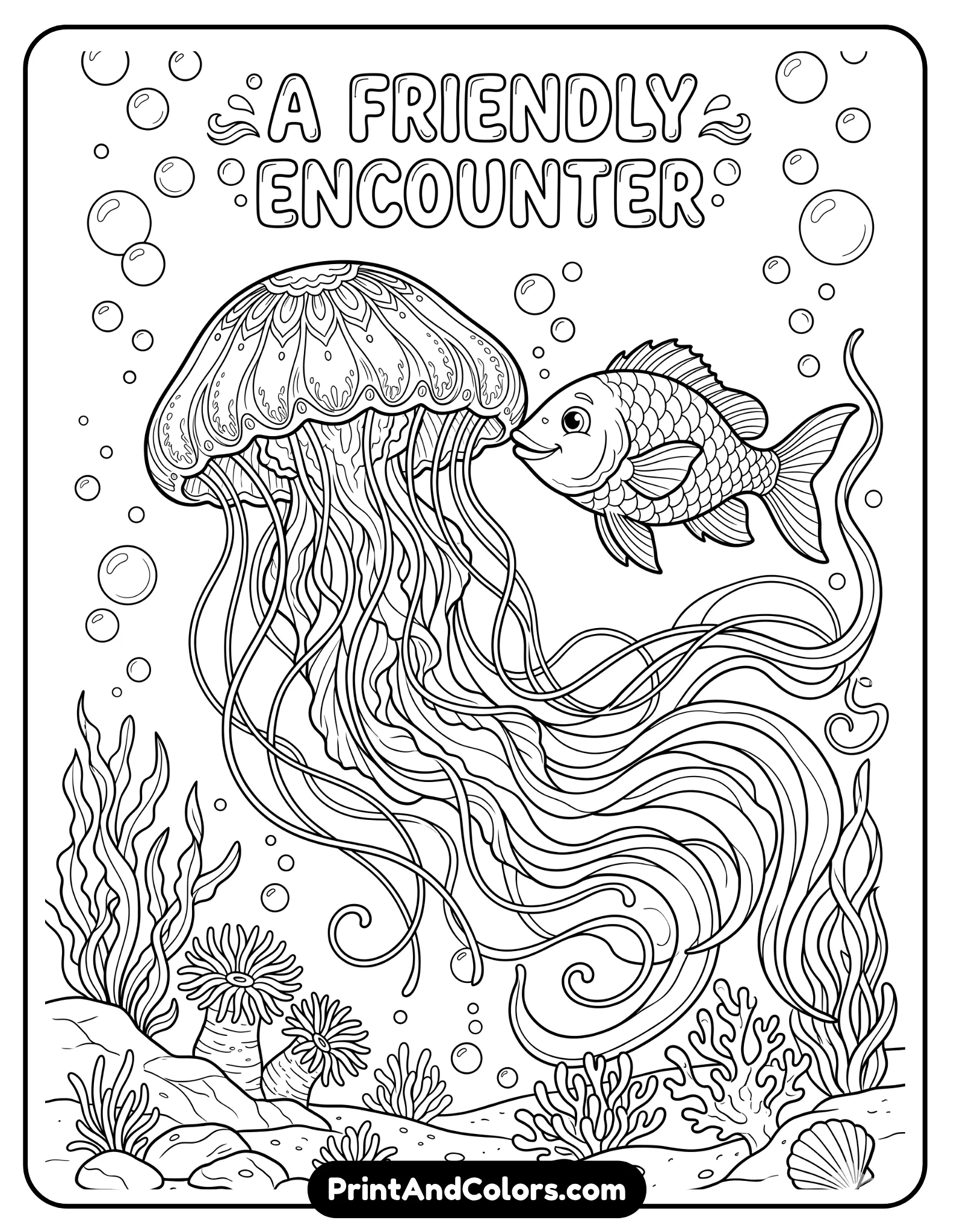 Line art of a fish gently touching a large jellyfish with flowing tentacles, surrounded by bubbles. Smooth flowing lines for tentacles, clean outlines