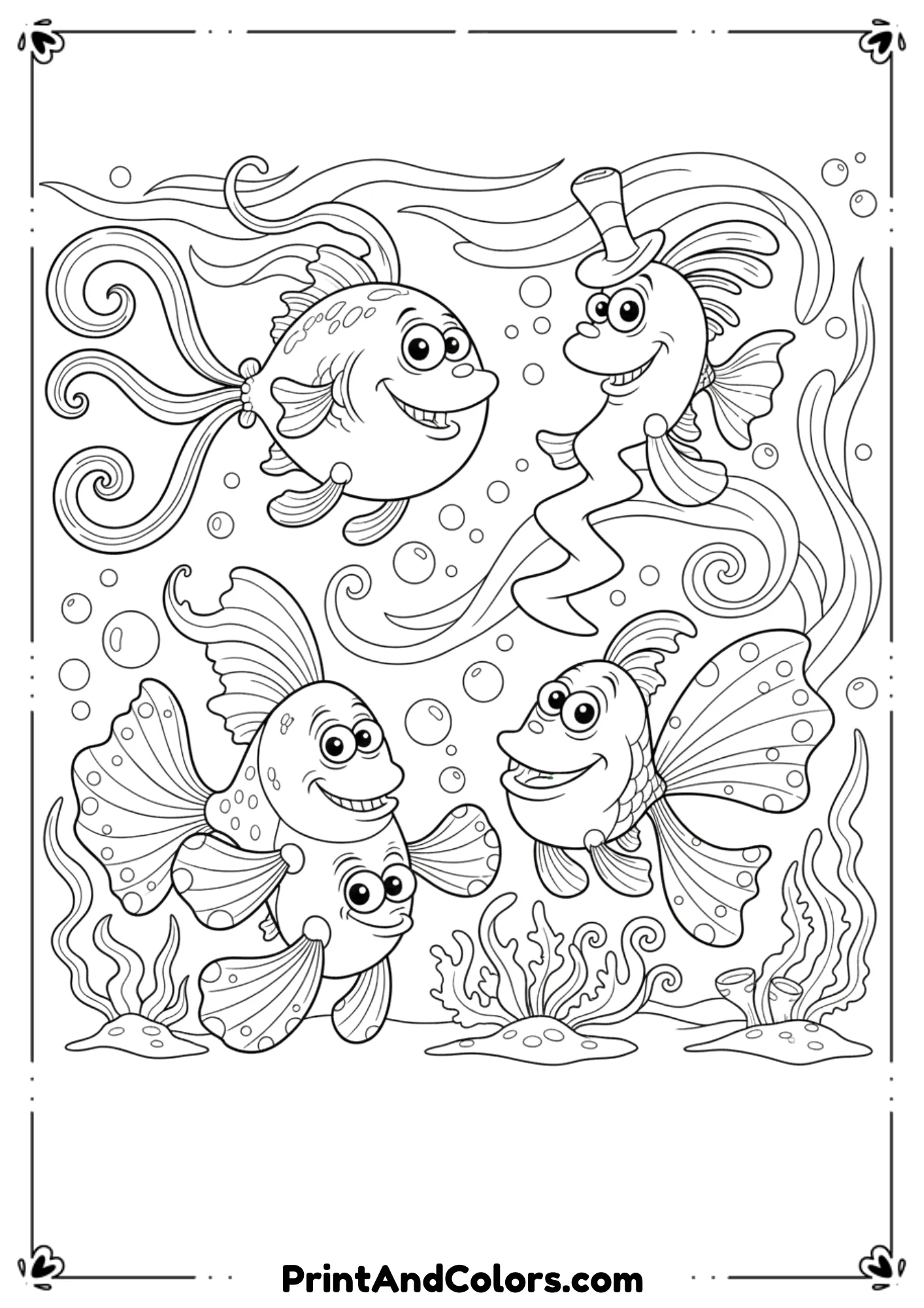 Dr-Seuss-inspired silly fish characters in whimsical shapes and exaggerated fins. No copyrighted duplication; just same imaginative style.