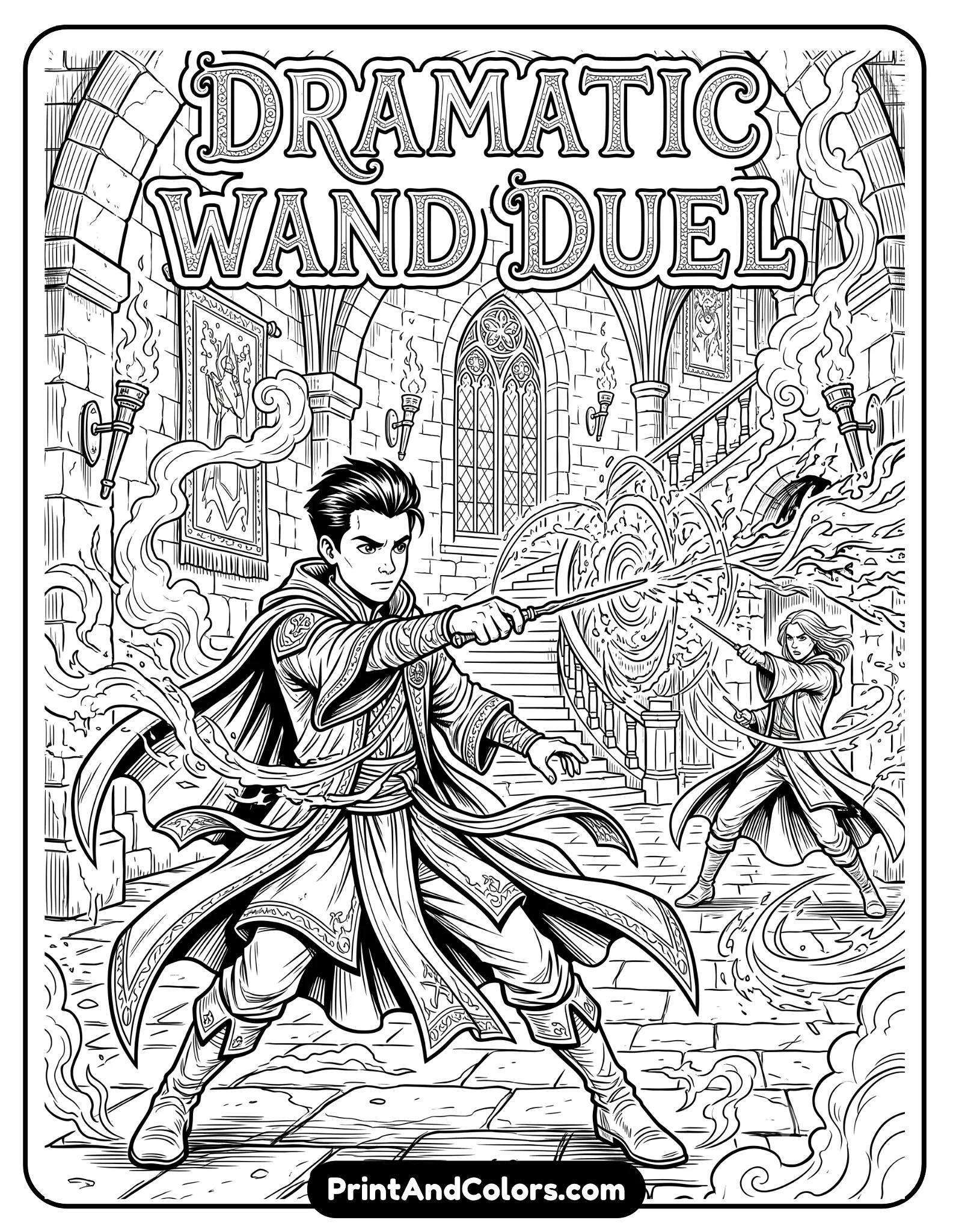 Detailed black and white line art coloring page of a young wizard with slicked-back hair in a dramatic wand duel stance. Include magical energy effects, castle hallway background, swirling smoke, sparks, and fantasy robes flowing in motion. Sharp printable coloring outlines with fantasy duel atmosphere