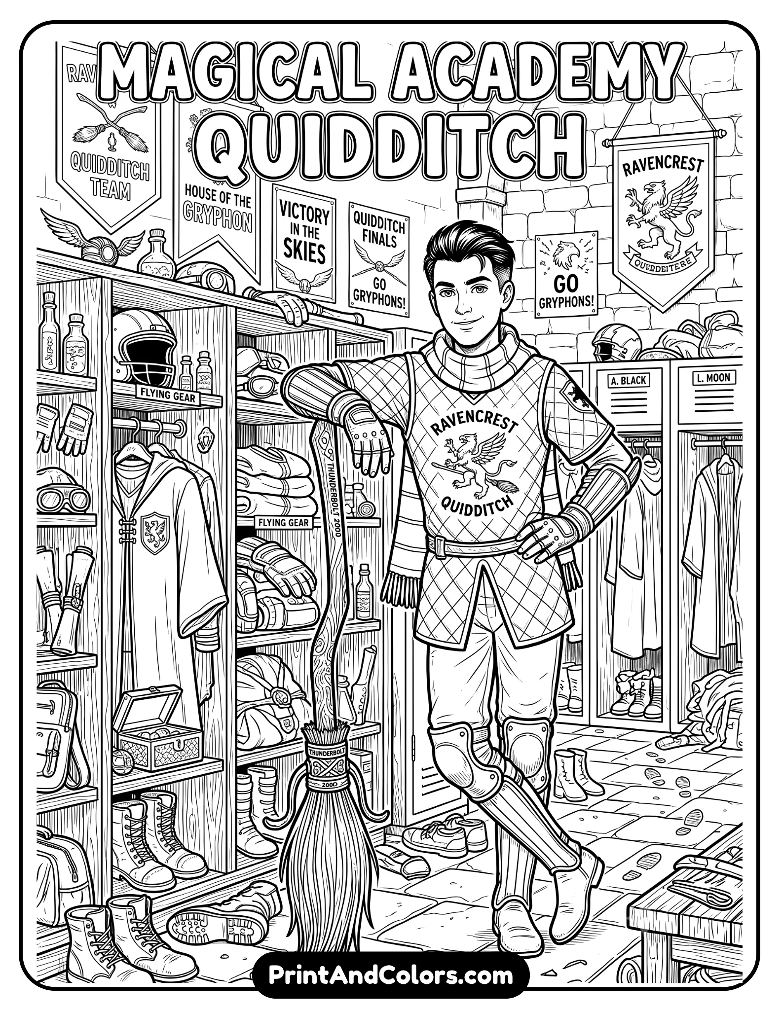 Detailed black and white fantasy sports coloring page of a young wizard with slicked-back hair leaning on a broomstick beside magical locker room shelves. Include sports uniforms, flying gear, banners, and fantasy school details. Printable line art with realistic broom textures and clean outlines