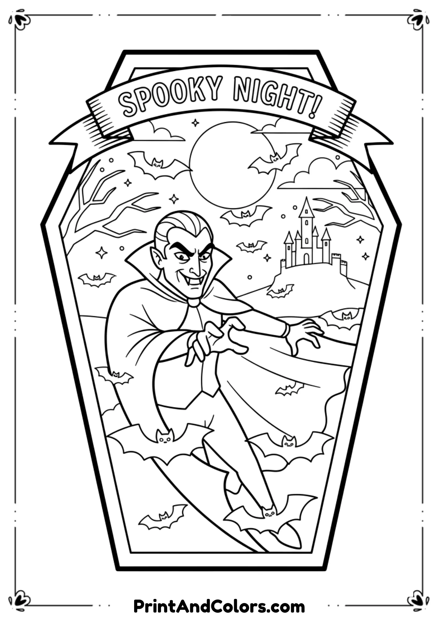  Classic Dracula with cape flying near bats and full moon, in spooky black-and-white line art.
