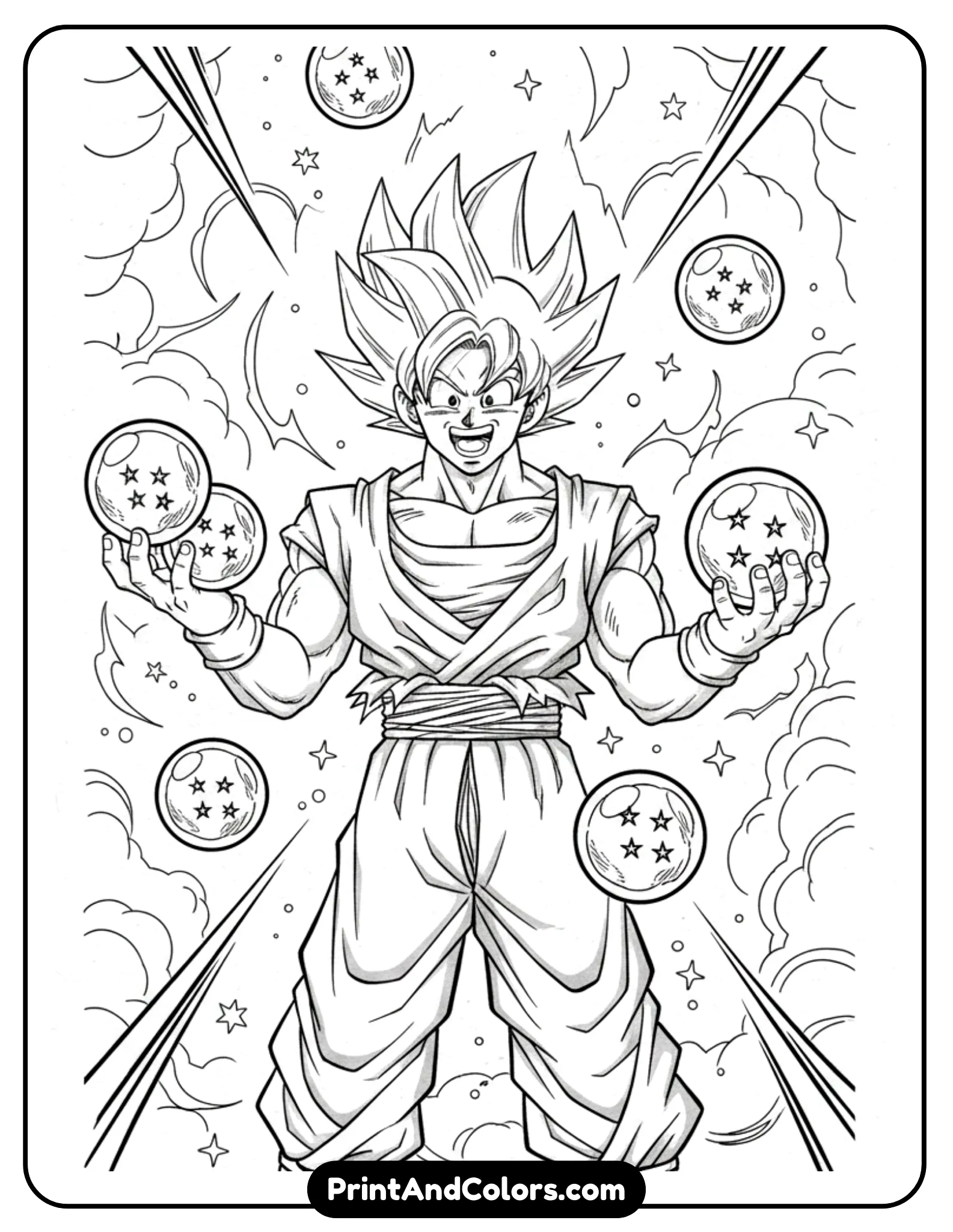 Draw Goku holding all seven Dragon Balls, some floating around him. His expression is joyful and triumphant. The Dragon Balls are clearly outlined with stars visible. Black and white line art only.