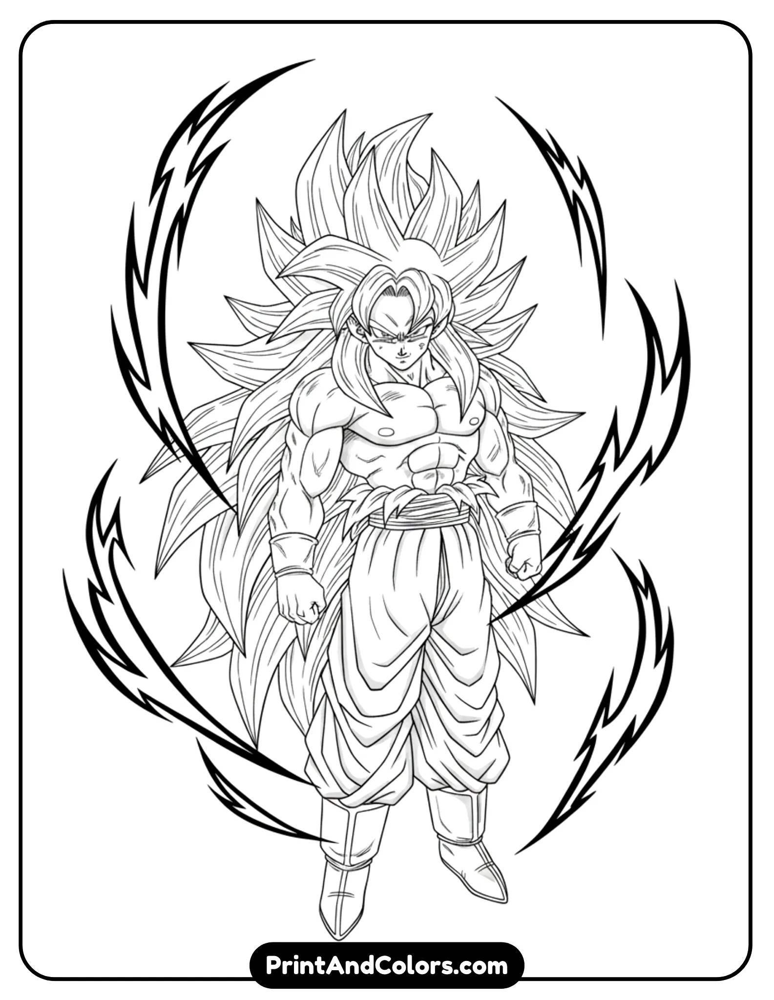 Illustrate Super Saiyan 3 Goku with extremely long flowing hair and intense facial expression. Energy lines swirl around his body dramatically. Use strong black outlines, no shading, detailed hair movement perfect for coloring.