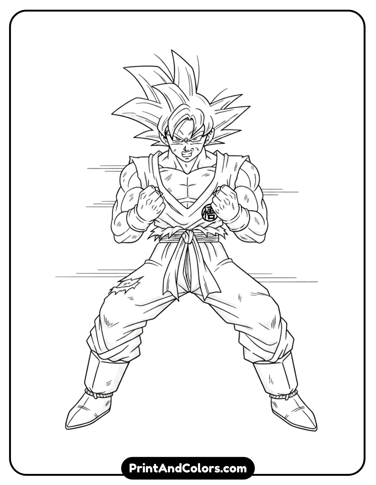 Draw classic DBZ-era Goku in a well-known battle stance with fists raised and feet planted firmly. Simple background, nostalgic proportions. Black and white outline art.