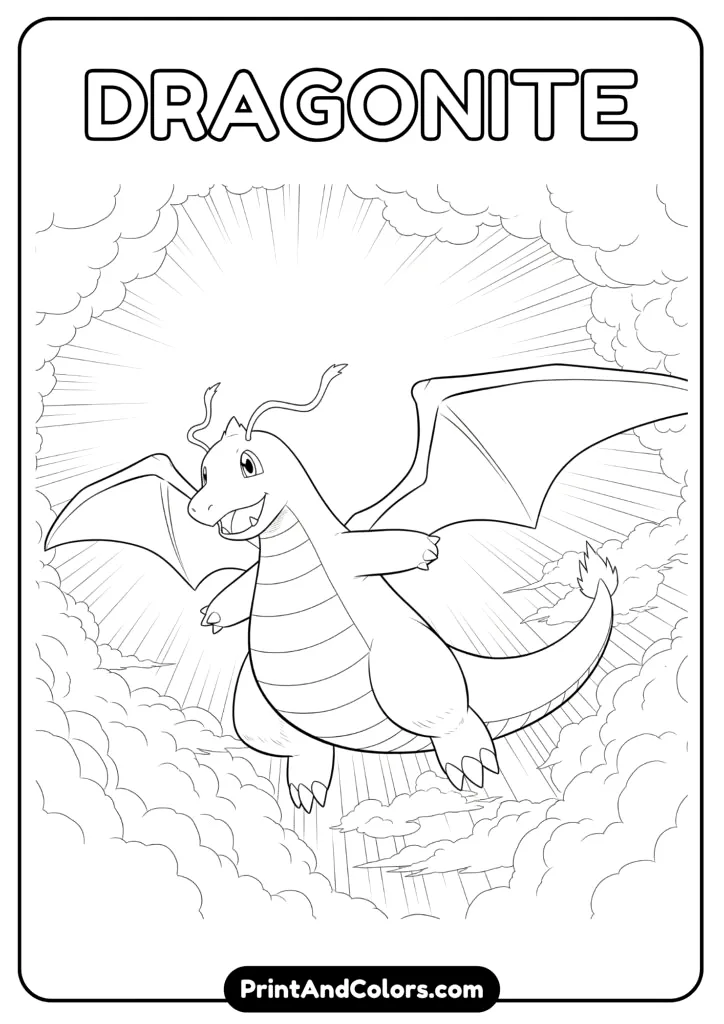Flying Dragonite in the clouds – cheerful coloring page.