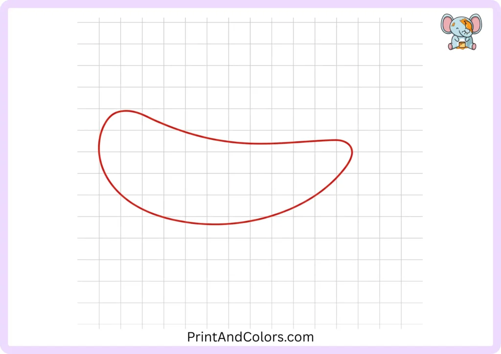 Step 1 of drawing a shark showing a long smooth curved outline that forms the shark's main body, with a wider rounded head at the front and a narrower section toward the back