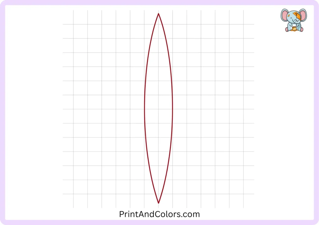 Step 1 of an easy airplane drawing showing the long, narrow central airplane body with gently curved sides and pointed front and rear ends, positioned in the center of the page.