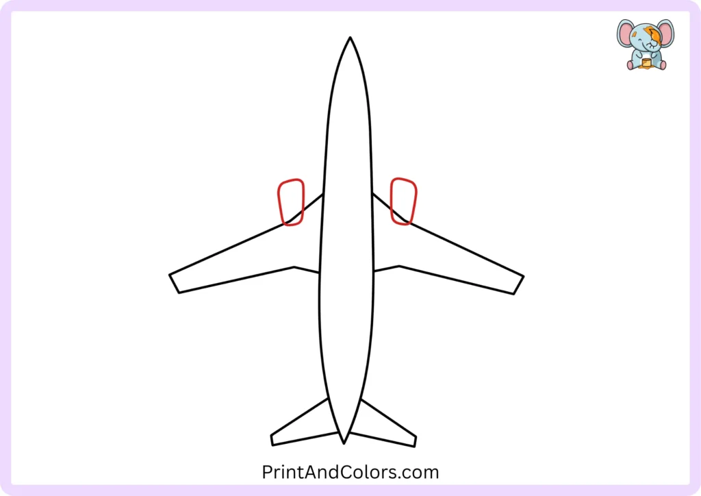 Step 4 of the airplane drawing tutorial showing two rounded jet engines positioned beneath the main wings and on opposite sides of the aircraft body.