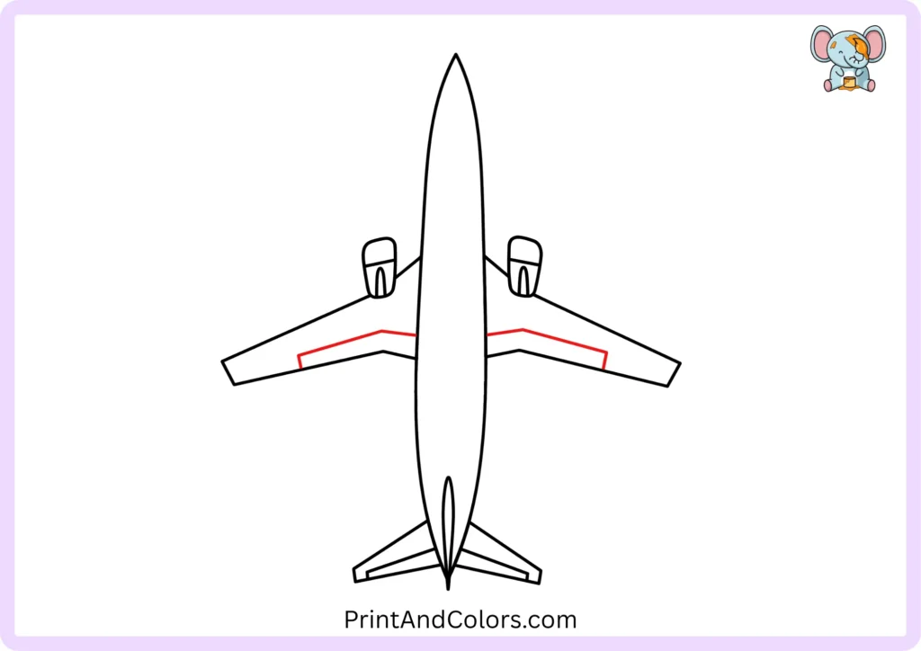 Step 6 of the easy airplane drawing showing long angled detail lines added inside both large main wings while keeping the airplane balanced and symmetrical.