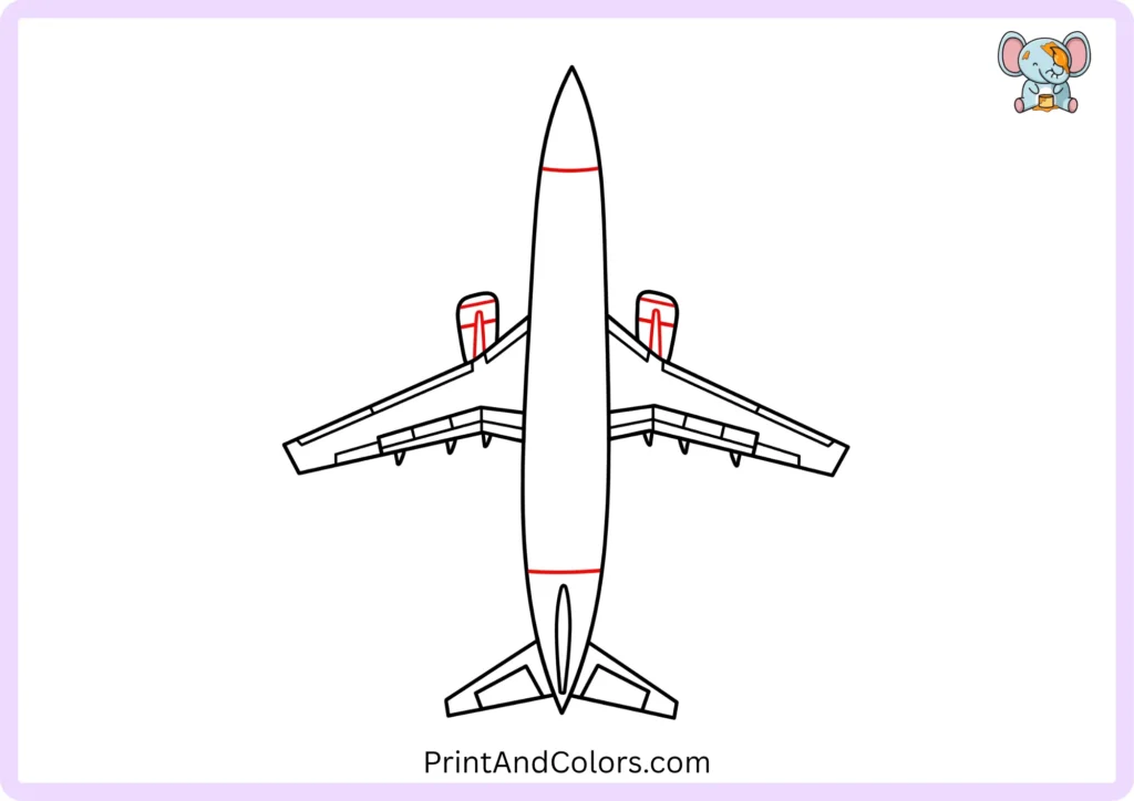 Step 7 of the airplane drawing tutorial showing matching curved and angled details added inside the two smaller tail wings at the rear of the aircraft.