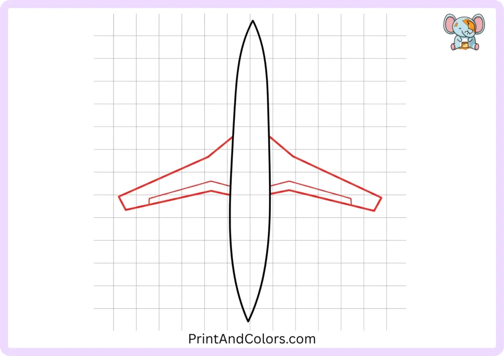 Step 2 of the airplane drawing tutorial showing two large main wings extending outward from both sides of the central aircraft body, creating the basic airplane silhouette.