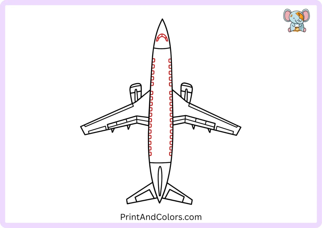 Step 8 of the easy airplane drawing showing curved section lines across the aircraft body along with small evenly spaced passenger windows added to the central fuselage.