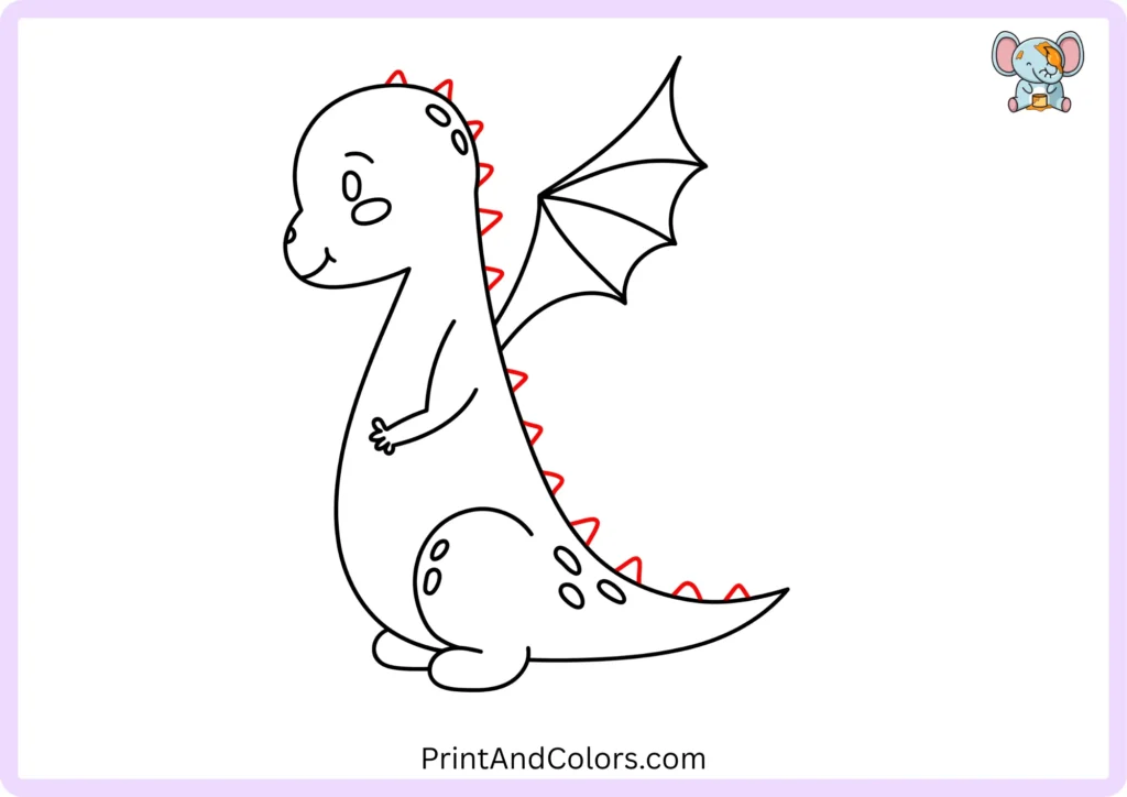 Dragon drawing step 10 showing a row of triangular back spikes beginning at the head and continuing along the dragon's back toward the tail