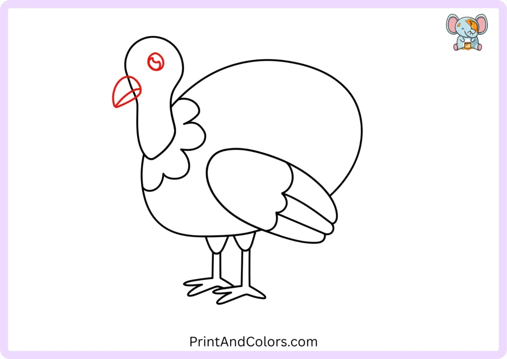 Easy turkey drawing step 9 showing the curved upper and lower beak added to the front of the turkey's head