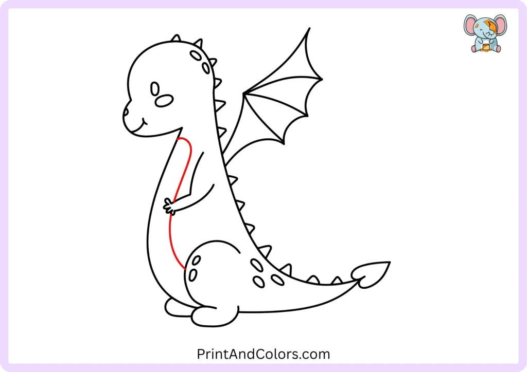 Dragon drawing step 12 showing a long curved belly line running from beneath the head toward the hind leg of the sitting dragon